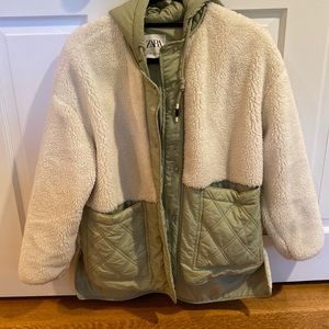 zara hooded faux shearling teddy coat with quilted pockets